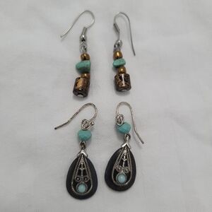 Bundle 2 Pairs Silver Toned Boho Earrings With Turquoise Accents And Horn Lot